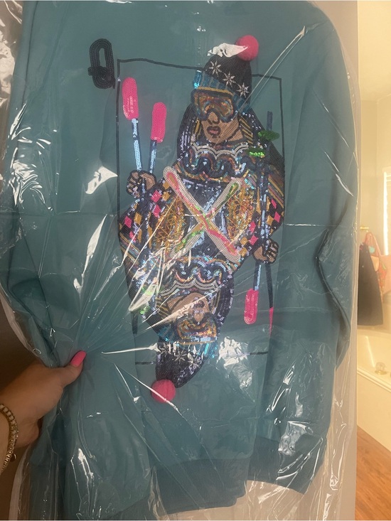 Queen of sparkles Tops - QUEEN OF SPARKLES Teal Pullover Sweatshirt with Multicolor Sequin Ski Motif